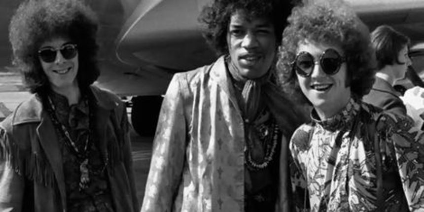 A 1967 shot of  Noel Redding, left, Jimi Hendrix, and Mitch Mitchell at Heathrow in London.