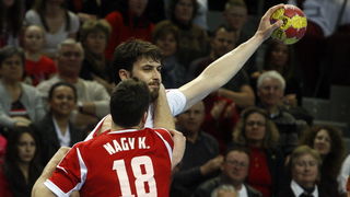Veszprem, 040413.
Kvalifikacijska utakmica za Europsko prvenstvo rukometnih reprezentacija Madjarske i Hrvatske.
Na fotografiji: Marko Kopljar.
Foto: Zeljko Hajdinjak / Cropix