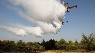 Zadar, Babindub, 230812.
Pozar u mjestu Babindub, kraj Zadra, u blizini aerodroma. Pozar je izbio medju kucama, na rubu borove sume kod vojnog aerodroma. Dio terena je miniran pa su u gasenju sudjelovali i kanaderi.
Foto: Jure Miskovic / CROPIX