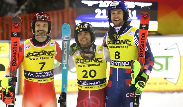 Madonna di Campiglio – Skiing, Ski World Cup 2024/25 Slalom, from left Loic Meillard (SUI), Albert Popov (BUL), Samuel Kolega (CRO), January 8, 2025.