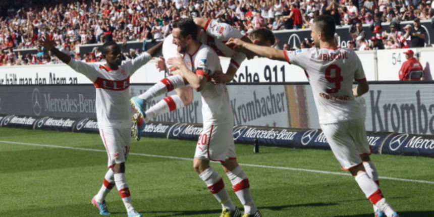 BAU // 14.04.2013 Suttgart Fussball 1. Bundesliga 29. Spieltag Saison 2012 / 2013 VfB Stuttgart vs. Borussia Mönchengladbach: Jubel nach dem Tor zum 2 : 0 , von links: Ibrahima Traore / Christian Gentner / Alexandru maxim / Vedad Ibisevic ( VFB ) BAU // 14.04.2013 Suttgart Fussball 1. Bundesliga 29. Spieltag Saison 2012 / 2013 VfB Stuttgart vs. Borussia Mönchengladbach: Jubel nach dem Tor zum 2 : 0 , von links: Ibrahima Traore / Christian Gentner / Alexandru maxim / Vedad Ibisevic ( VFB )