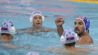 Zagreb, 070910.
Bazen na Savi.
29. Europsko Prvenstvo u vaterpolu, prva polufinalna susret izmedju Hrvatske i Srbije.
Na slici: Damir Buric slavi nakon gola.
Foto: Drago Sopta / CROPIX