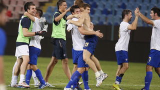 Bukurest, 260810.
Gradski stadion.
Uzvratna utakmica cetvrtog kola kvalifikacija za Europsku ligu izmedju Uniree i Hajduka.
Na fotografiji: slavlje igraca Hajduka.
Foto: Ante Cizmic / CROPIX
