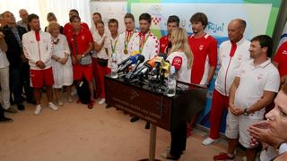 Hrvatski olimpijci svečano dočekani na Plesu. Sandra Perković, Šime Fantela, Igor Marenić, Tonči Stipanović. Photo: Dalibor Urukalovic/PIXSELL Hrvatski olimpijci svečano dočekani na Plesu. Sandra Perković, Šime Fantela, Igor Marenić, Tonči Stipanović. Photo: Dalibor Urukalovic/PIXSELL