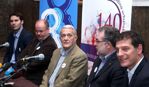 25.11.2011.,Zagreb – U KD Vatroslav Lisinski odrzana ja danas konferencija za tisak na kojoj je najavljen koncert Denyce Graves. Miljanko Puljic, Ivo Lipanovic, Josip Paldino, Gordan Kozulj i Slaven Bilic Photo. Patrik Macek/PIXSELL