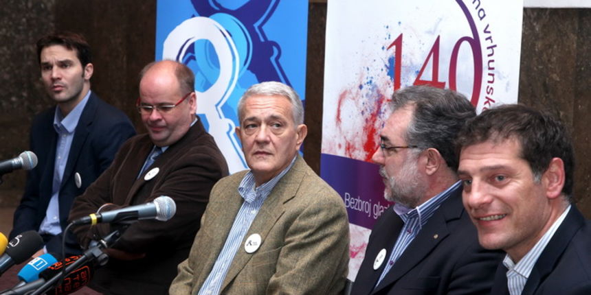 25.11.2011.,Zagreb – U KD Vatroslav Lisinski odrzana ja danas konferencija za tisak na kojoj je najavljen koncert Denyce Graves. Miljanko Puljic, Ivo Lipanovic, Josip Paldino, Gordan Kozulj i Slaven Bilic Photo. Patrik Macek/PIXSELL