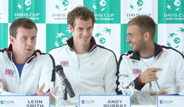 11.09.2013., Umag – Konferencija za medije britanske reprezentacije Davis Cupa, koja je zbog loseg vremena na treningu kasnila vise od sat vremena. Leon Smith, Andy Murray, Dan Evans. Photo: Nel Pavletic/PIXSELL