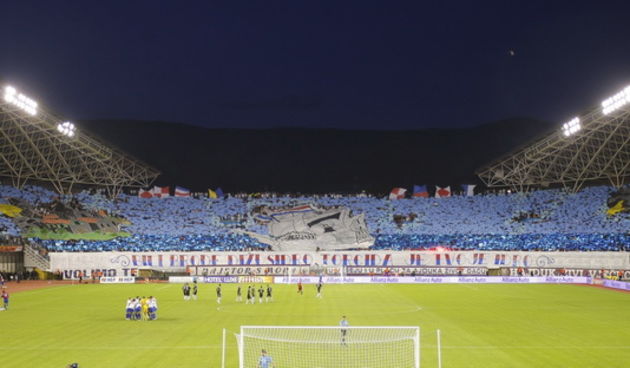 Split, 300910.
Stadion Poljud.
Nogometna utakmica drugog kola Europske lige, 
Hajduk – Anderlecht.
Na slici: navijaci, Torcidina koreografija.
Foto: Duje Klaric / CROPIX
