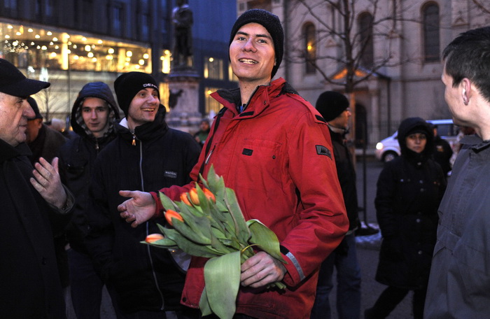 Zagreb, 020311. 
Novi, cetvrti po redu, protuvladin prosvjed tzv. facebook grupe zapoceo je veceras na Cvjetnom trgu. 
Na fotografiji: Ivan Pernar organizator skupa.
Foto: Damir Krajac / Cropix