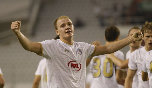 Split,190810.
Stadion Poljud.
Nogometna utakmica kvalifikacija za europsku ligu izmedju Hajduka i Unirea.
Na fotografiji: Senijad Ibricic slavi pogodak
Foto: Duje Klaric / CROPIX