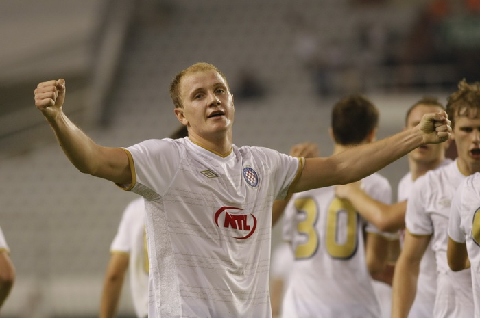 Split,190810.
Stadion Poljud.
Nogometna utakmica kvalifikacija za europsku ligu izmedju Hajduka i Unirea.
Na fotografiji: Senijad Ibricic slavi pogodak
Foto: Duje Klaric / CROPIX
