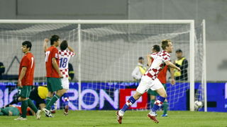 Zagreb, 050909.
Stadion Maksimir.
Nogometna utakmica kvalifikacija za SP u Juznoj Africi 2010. izmedju Hrvatske i Bjelorusije.
Na slici: Ivan Rakitic nakon pogotka.
Foto: Goran Mehkek / CROPIX