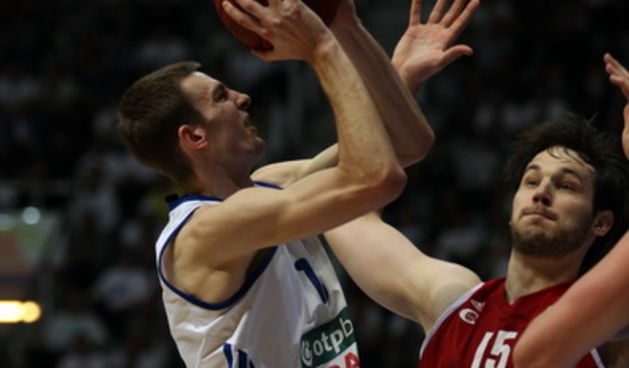 Zagreb, 180513.
Dvorana Kresimira Cosica. Kosarkaska utakmica polufinala doigravanja za prvaka Hrvatske (1 utakmica) izmedju KK Zadar i KK Cedevita. 
Na fotografiji: igrac Zadra Ante Delas.
Foto: Jure Miskovic / CROPIX