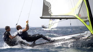 Zadar, 040909. Europsko prvenstvo u jedrenju za klasu 49er 2009. Dan kakav pravi jedrlicar moze samo pozeljeti. U zadarskom kanalu jugo preko 20 cvorova. jedrio se peti dan europskog prvenstva u jedrenju za klasu 49er. Odvozila su se cak 4 plova. Na slici