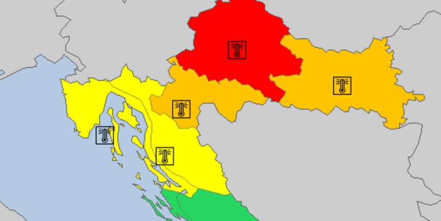 Crveno upozorenje Meteoalarma za središnji dio Hrvatske, foto: N1info Crveno upozorenje Meteoalarma za središnji dio Hrvatske, foto: N1info
