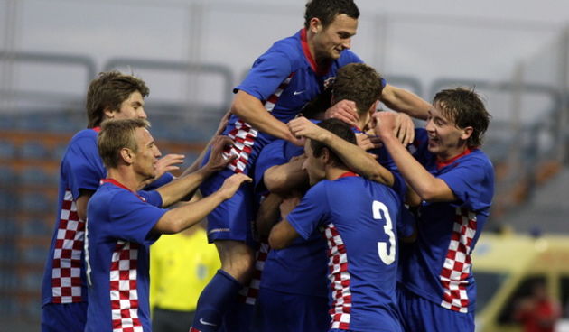 Varazdin, 131009. Na gradskom stadionu u Varazdinu igra se kvalifikacijska utakmica za Europsko prvenstvo reprezentacija (U21) Hrvatske i Srbije. Na slici: slavlje Hrvatske nakon 1:0 Foto: Zeljko Hajdinjak / Cropix