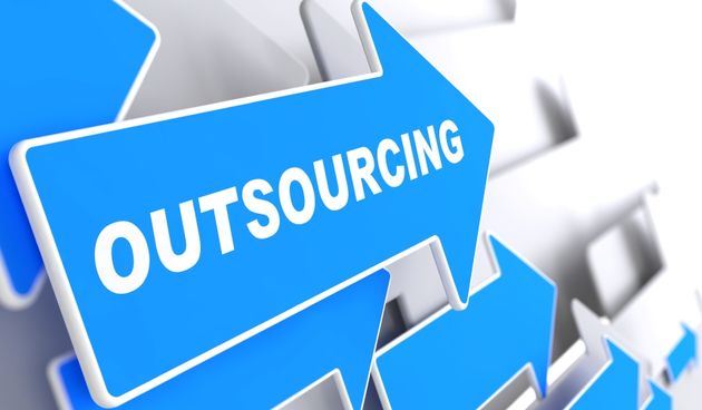 Outsourcing – Business Background. Blue Arrow with “Outsourcing” Slogan on a Grey Background. 3D Render.