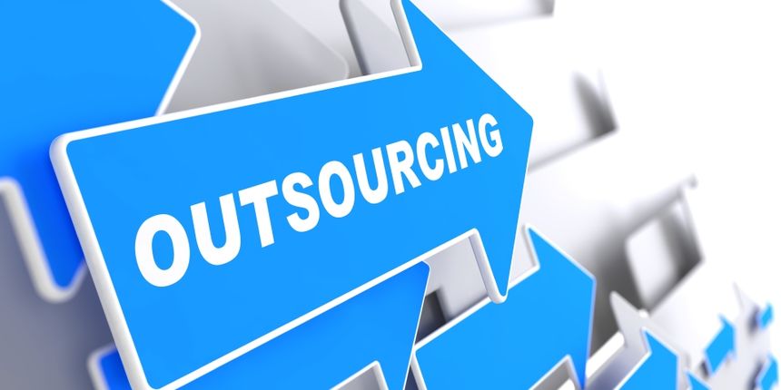 Outsourcing – Business Background. Blue Arrow with “Outsourcing” Slogan on a Grey Background. 3D Render. Outsourcing – Business Background. Blue Arrow with “Outsourcing” Slogan on a Grey Background. 3D Render.
