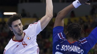 Zaragoza, Spanjolska, 230113.
Gradska dvorana Principe Felipe.
Svjetsko prvenstvo u rukometu za muskarce Spanjolska 2013.
Utakmica cetvrtfinala izmedju reprezentacija Hrvatske i Francuske.
Na fotografiji: Marko Kopljar.
Foto: Ante Cizmic / CROPIX