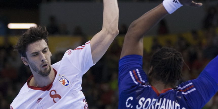 Zaragoza, Spanjolska, 230113.
Gradska dvorana Principe Felipe.
Svjetsko prvenstvo u rukometu za muskarce Spanjolska 2013.
Utakmica cetvrtfinala izmedju reprezentacija Hrvatske i Francuske.
Na fotografiji: Marko Kopljar.
Foto: Ante Cizmic / CROPIX