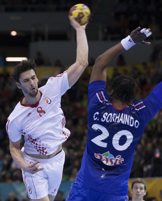 Zaragoza, Spanjolska, 230113.
Gradska dvorana Principe Felipe.
Svjetsko prvenstvo u rukometu za muskarce Spanjolska 2013.
Utakmica cetvrtfinala izmedju reprezentacija Hrvatske i Francuske.
Na fotografiji: Marko Kopljar.
Foto: Ante Cizmic / CROPIX