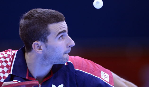 London, 290712.Dvorana Excel.Hrvatski stolnotenisac Andrej Gacina prosao u 3. kolo pobjedivsi svedjanina Jorgen Perssona tokom Olimpijskih Igra u Londonu.Na fotografiji: Andrej Gacina.Foto: Drago Sopta / CROPIX