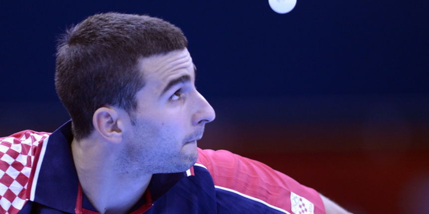 London, 290712.Dvorana Excel.Hrvatski stolnotenisac Andrej Gacina prosao u 3. kolo pobjedivsi svedjanina Jorgen Perssona tokom Olimpijskih Igra u Londonu.Na fotografiji: Andrej Gacina.Foto: Drago Sopta / CROPIX