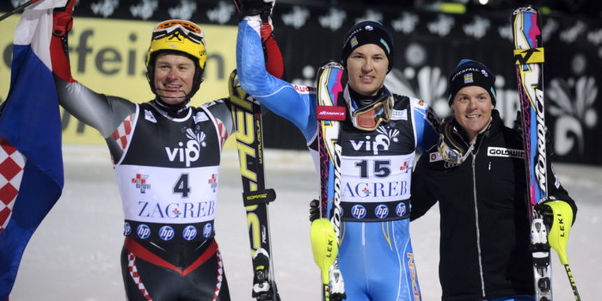 Zagreb, 060111. 
Sljeme.
Audi FIS Svjetski skijaski kup, utrka muskog slaloma Vip Snow Queen Trophy.
Na slici: prva trojca na kraju utrke, Ivica Kostelic (drugo mjesto), pobjednik Andre Myhrer, Hargiun Mattias.
Foto: Sime Sokota / CROPIX