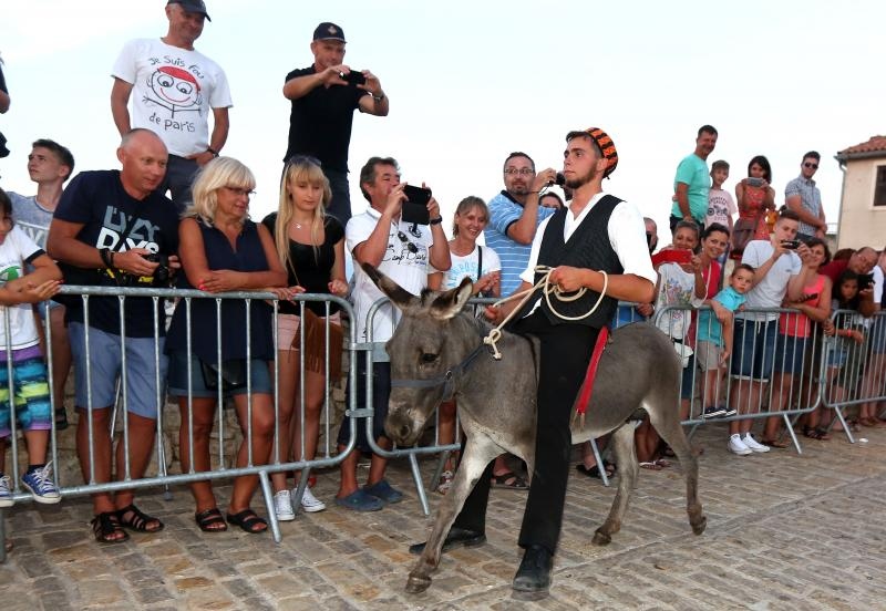 U Tribunju su održane 49. po redu magareće trke na kojima je sudjelovalo 12 jahača, a pobjedu je odnio Roko Popov na magarcu Renault 4. Photo: Duško Jaramaz/PIXSELL U Tribunju su održane 49. po redu magareće trke na kojima je sudjelovalo 12 jahača, a pobjedu je odnio Roko Popov na magarcu Renault 4. Photo: Duško Jaramaz/PIXSELL