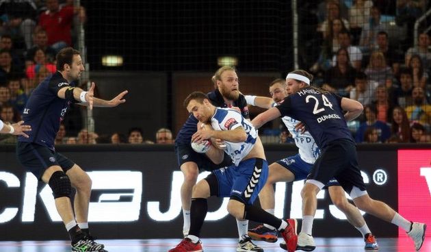 23.04.2016., Arena Zagreb, Zagreb – Prva utakmica cetvrtfinala Velux EHF Lige prvaka, RK PPD Zagreb – Paris Saint-Germain. Henrik Mollgaard Jensen, Stefan Vujic, Mikkel Hansen. Photo: Dalibor Urukalovic/PIXSELL