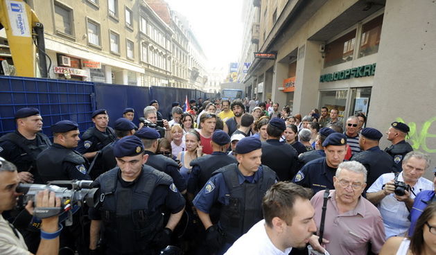 Zagreb, 150710.
Radnici su srusili stabla u Varsavskoj ulici gdje su poceli radovi na ulazu u garazu projekta Cvjetni prolaz, radi cega su dosli aktivisti sprijeciti daljne radove, nakon cega ih je interventna policija odvela u stanicu.
Foto: Drago Sopta