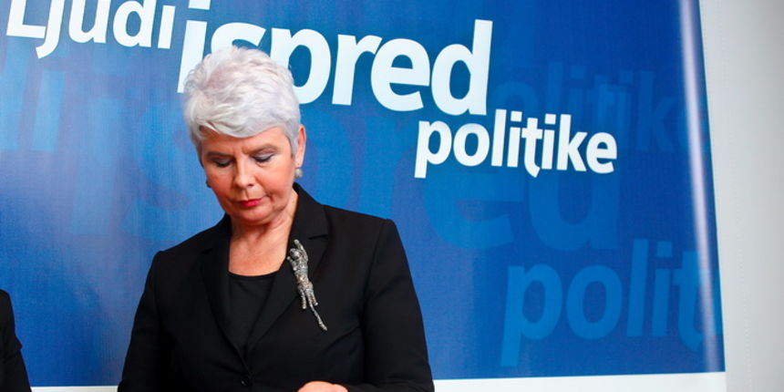 Zagreb, 271011.
Trg Hrvatskih Velikana, sjediste HDZ-a.
Press konferencija HDZ-a u vezi Uskokove prijave. 
Na slici: premijerka Jadranka Kosor.
Foto: Goran Mehkek / CROPIX