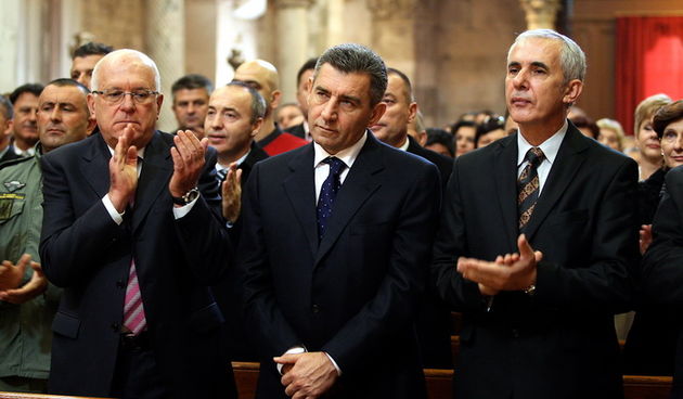 Zadar, 241112. 
Obiljezavanje Dana grada Zadra i dolazak generala Ante Gotovine pocasnog gradjanina grada Zadra. General Gotovina na svetoj misi u katedrali Sv. Stosije. 
Na slici general Ante Gotovina s gradonacelnikom Zvonimirom Vrancicem i zupanom Stip