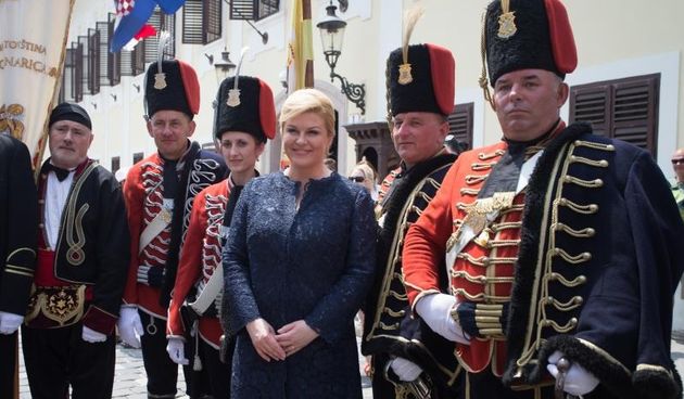 25.06.2016., Zagreb – U prigodi obiljezavanja 25. obljetnice drzavnosti Republike Hrvatske odrzana je na Trgu sv. Marka smotra povijesnih postrojbi Republike Hrvatske. Kolinda Grabar Kitarovic. Photo: Davor Puklavec/PIXSELL