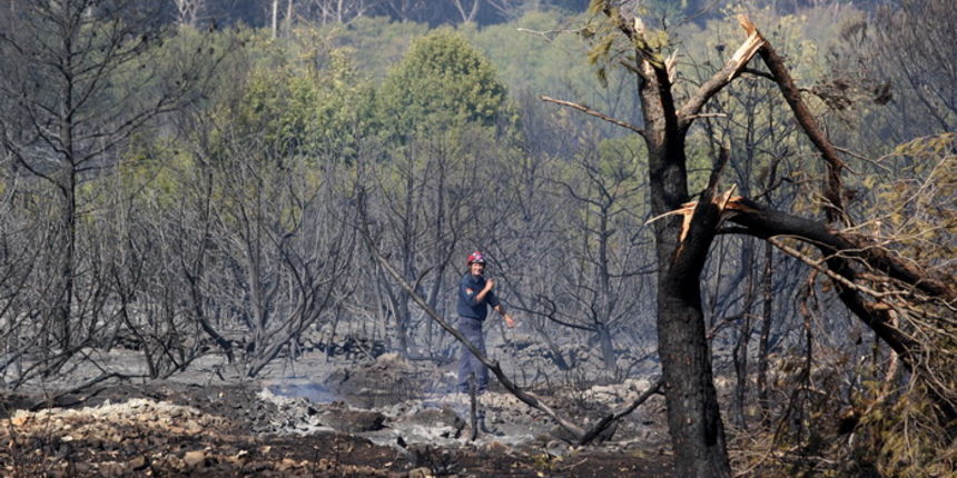 Zadar, Babindub, 230812.
Pozar u mjestu Babindub, kraj Zadra, u blizini aerodroma. Pozar je izbio medju kucama, na rubu borove sume kod vojnog aerodroma. Dio terena je miniran pa su u gasenju sudjelovali i kanaderi.
Foto: Jure Miskovic / CROPIX