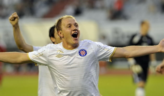 Split 140710. Stadion NK Hajduka u Poljudu. Prijateljska nogometna utakmica izmedju  NK Hajduk – HSV Hamburger. Na fotografiji: Seniad Ibricic strijelac prvog gola. Foto: Josko Ponos / CROPIX