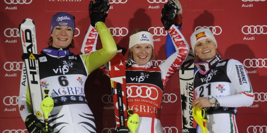 Zagreb, 040111. Audi Fis World Cup skijaska utrka zenskog slaloma Vip Snow Queen Trophy na Sljemenu. Na slici: postolje, lijevo druga Maria Riesch, pobjednica u sredini Marlies Schild i desno Manuela Moelgg. Foto: Drago Sopta / CROPIX Zagreb, 040111. Audi Fis World Cup skijaska utrka zenskog slaloma Vip Snow Queen Trophy na Sljemenu. Na slici: postolje, lijevo druga Maria Riesch, pobjednica u sredini Marlies Schild i desno Manuela Moelgg. Foto: Drago Sopta / CROPIX