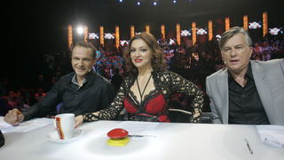 Zagreb, 051110.
Studio 2 Jadran filma, Oporovecka 12. 
Supertalent show Nove TV.
Na slici: clanovi zirija Supertalenta, Nina Badric, Dubravko Merlic i Enis Beslagic. 
Foto: Ranko Suvar / CROPIX