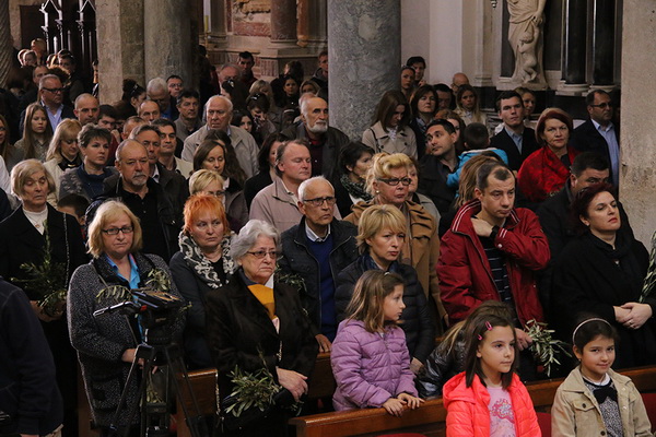 Cvjetnica 20. ožujka 2016: Nakon blagoslova maslinovih grančica, nadbisku Želimir Puljić predvodio je procesiju do katedrale sv. Stošije gdje je služio misno slavlje na kojem se pjevala Muka našeg Gospodina Cvjetnica 20. ožujka 2016: Nakon blagoslova maslinovih grančica, nadbisku Želimir Puljić predvodio je procesiju do katedrale sv. Stošije gdje je služio misno slavlje na kojem se pjevala Muka našeg Gospodina