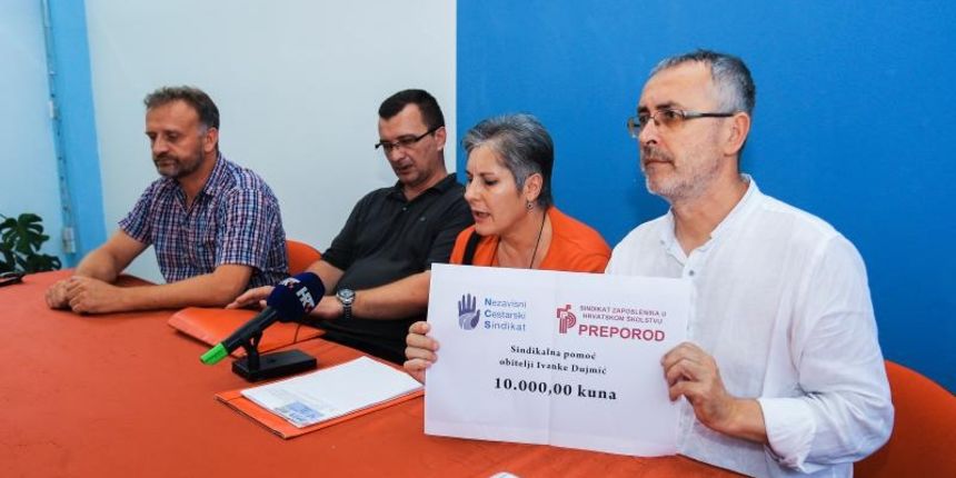 Sindikalisti Mijat Stanic i Zeljko Stipic organizirali su konferenciju za novinare kako bi pomogli Ivanki Dujmic, otpustenoj djelatnici trgovackog lanca Boso. Photo: Davor Javorovic/PIXSELL