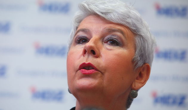 Zagreb, 271011.
Trg Hrvatskih Velikana, sjediste HDZ-a.
Press konferencija HDZ-a u vezi Uskokove prijave. 
Na slici: premijerka Jadranka Kosor.
Foto: Goran Mehkek / CROPIX