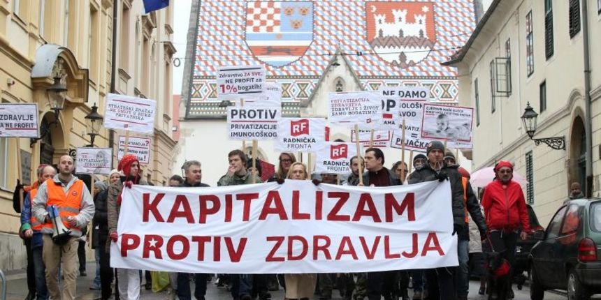 Zagreb – Prosvjed protiv privatizacije i unistavanja Imunoloskog zavoda u organizaciji Radnicke fronte. Prosvjed je krenuo sa Cvjetnog trga prema Markovom trgu. Photo: Igor Kralj/PIXSELL Autor  Igor Kralj/PIXSELL Ključne riječi  Imunoloski zavod, privatiz