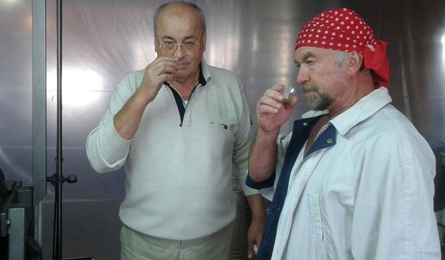 Željko Uzelac i Rade Bobanović vlasnici PZ Masline i vino kušaju mlado ulje, Foto: Edvard Šprljan