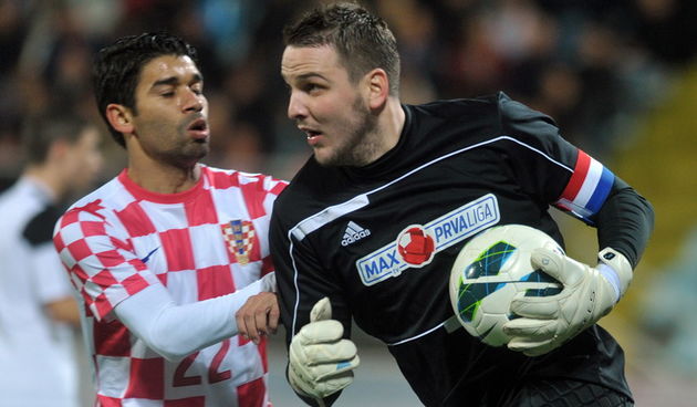 Rijeka, 141112.
Stadion Kantrida.
Prijateljska utakmica Hrvatske reprezentacije i selekcije Prve HNL.
Na fotografiji: Edurdo Da Silva i Ivan Kelava.
Foto: Srdjan Vrancic / CROPIX