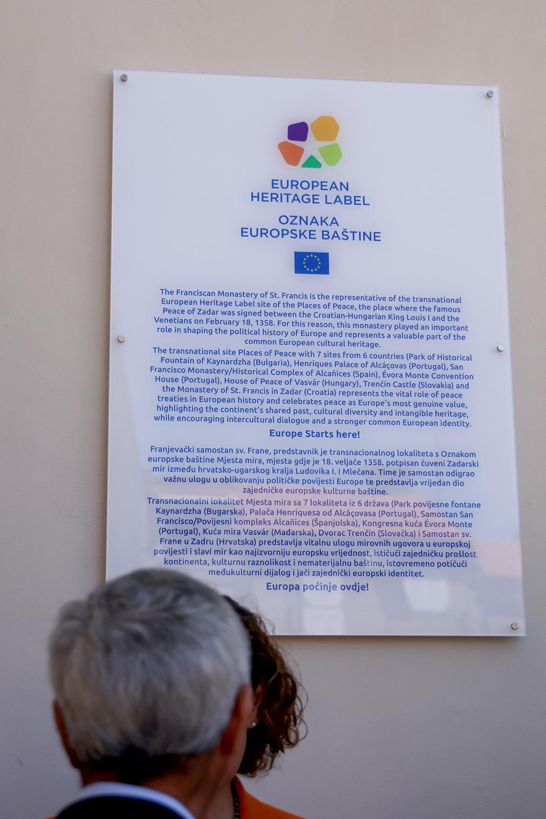 Oznaka europske baštine postavljena u samostanu sv. Frane Oznaka europske baštine postavljena u samostanu sv. Frane