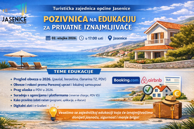 TZ Općine Jasenice organizira besplatnu edukaciju za privatne iznajmljivače