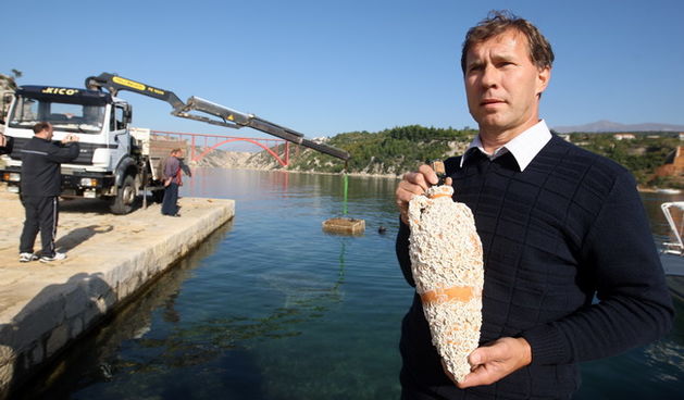 Zadar, 121010.
Tvrtka Simonic iz Jasenica, u vlasnistvu poznatog slovenskog vinara Ivana Simonica, izvadila je 830 boca pjenusca s morskoga dna na dubini od 30 metara na koje  su polozene prije pola godine.
Na fotografiji : Ivan Simonic. 
Foto : Vladimir