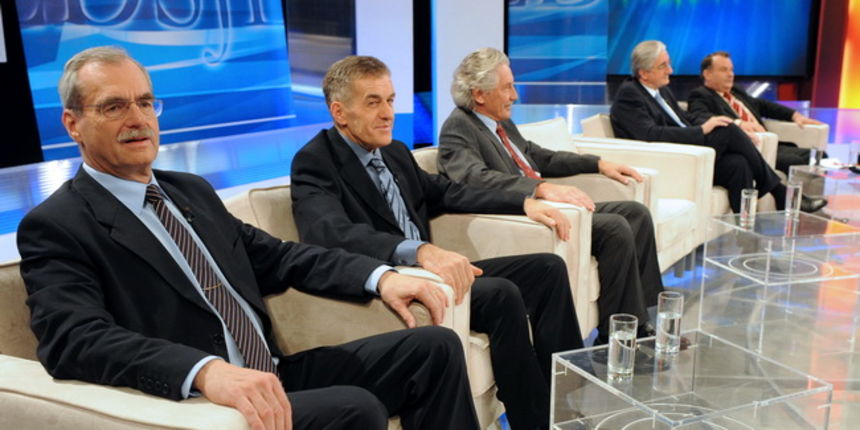 Zagreb, 221209. 
Prisavlje 13, studio HRT-a.
Suceljavanje predsjednickih kandidata.
Na slici: Andrija Hebrang, Josip Jurcevic, Boris Miksic.
Foto: Damir Krajac / CROPIX