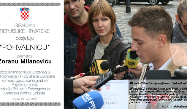 Mladež HDZ-a udijelila “pohvalnicu” premijeru Zoranu Milanoviću, foto: Mladež HDZ