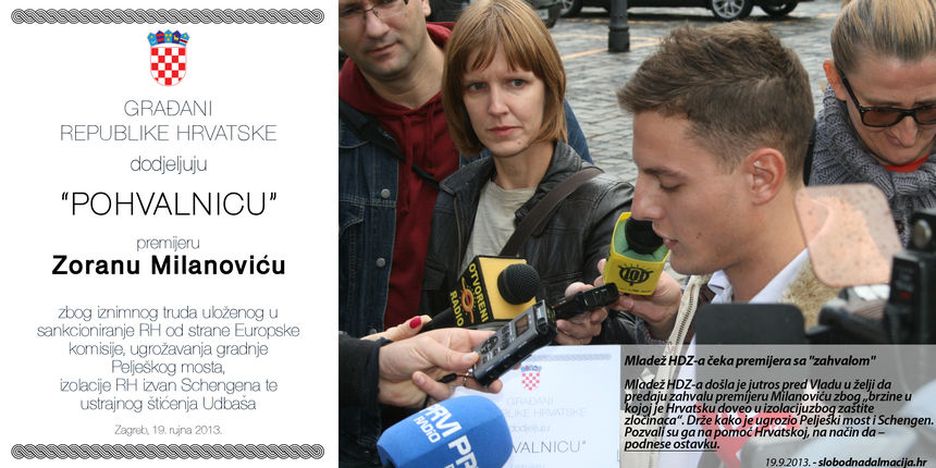 Mladež HDZ-a udijelila “pohvalnicu” premijeru Zoranu Milanoviću, foto: Mladež HDZ